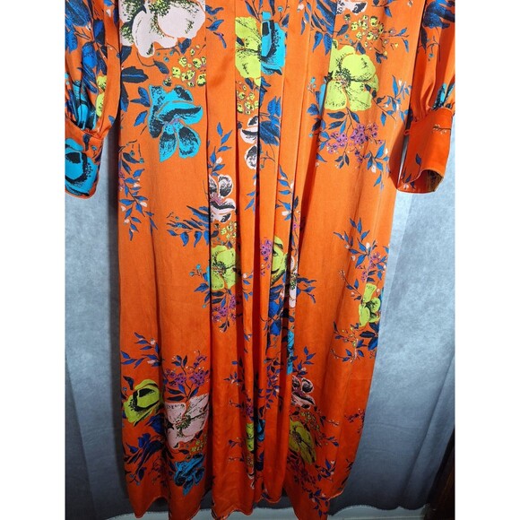 Free People Maxi Dress Sz L Orange Floral Wrap Bodice Side Button Front Boho - Picture 9 of 12